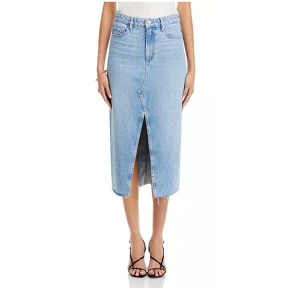NWT Paige Meadow Raw Hem Midi Denim Skirt With Slit - Picture 1 of 7
